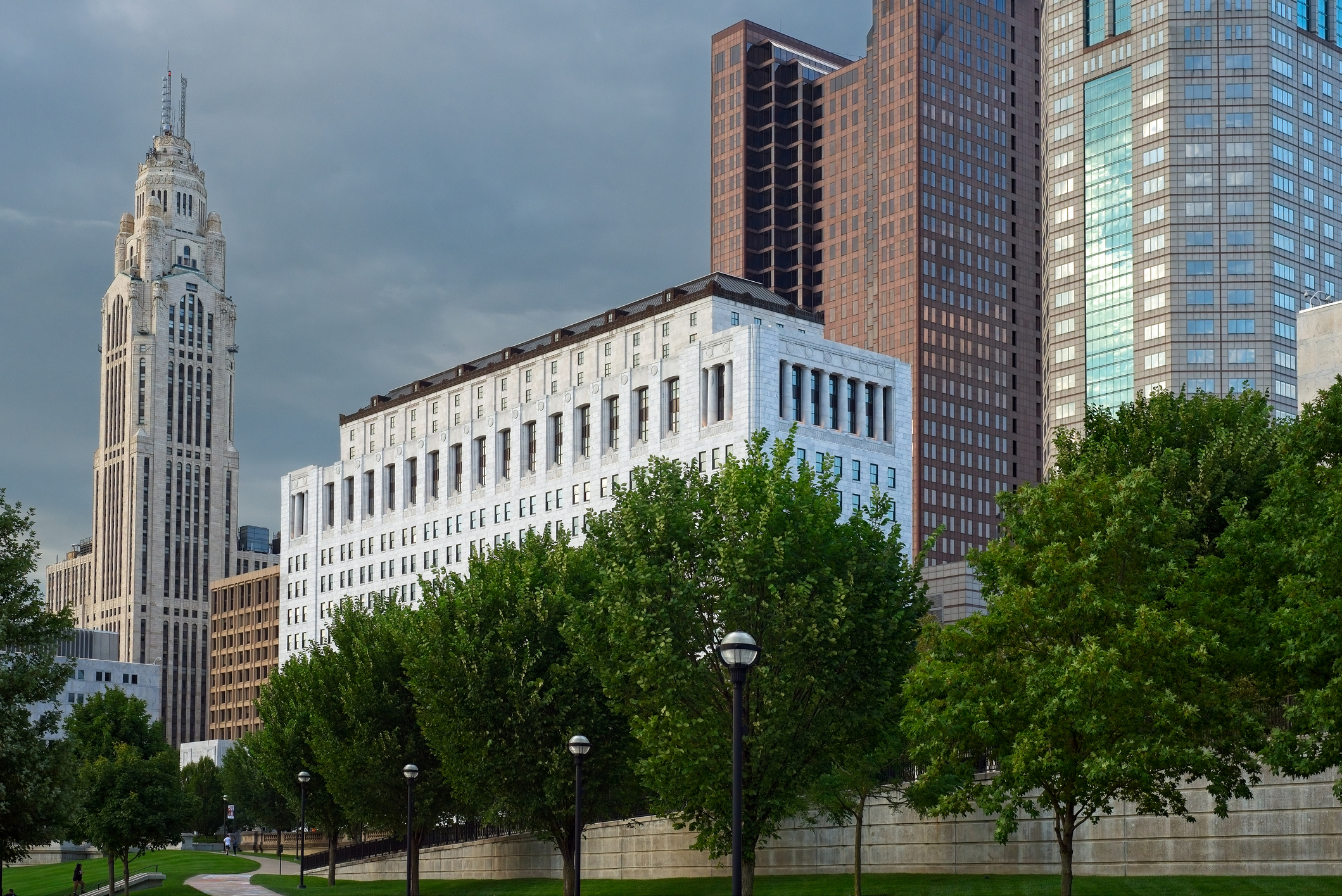 Downtown Columbus, Ohio, from the Scioto Mile walkway with the Ohio Supreme Court building at the center